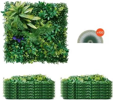 VEVOR Kunsthaag, 12 stuks, 500x500x50 mm, 3D-combinatie, kunstplantenwand, groene decoratie & klimophekbedekking, privacyscherm als achtergrondmuur, haagbescherming voor de tuin