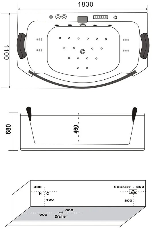 Plazan Suprema whirlpool met heater 185x100cm