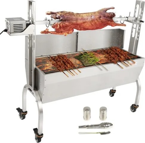 VEVOR Speenvarken Grill Lamsgrill 117 cm, 60 kg RVS Rotisserie Spit 4-niveaus Hoogteverstelbaar, 50 W 2-in-1 BBQ Rotisserie Grill inclusief kruidenpotje &amp; reinigingsborstel &amp; handvat Elektrische Grill met Vlamschot