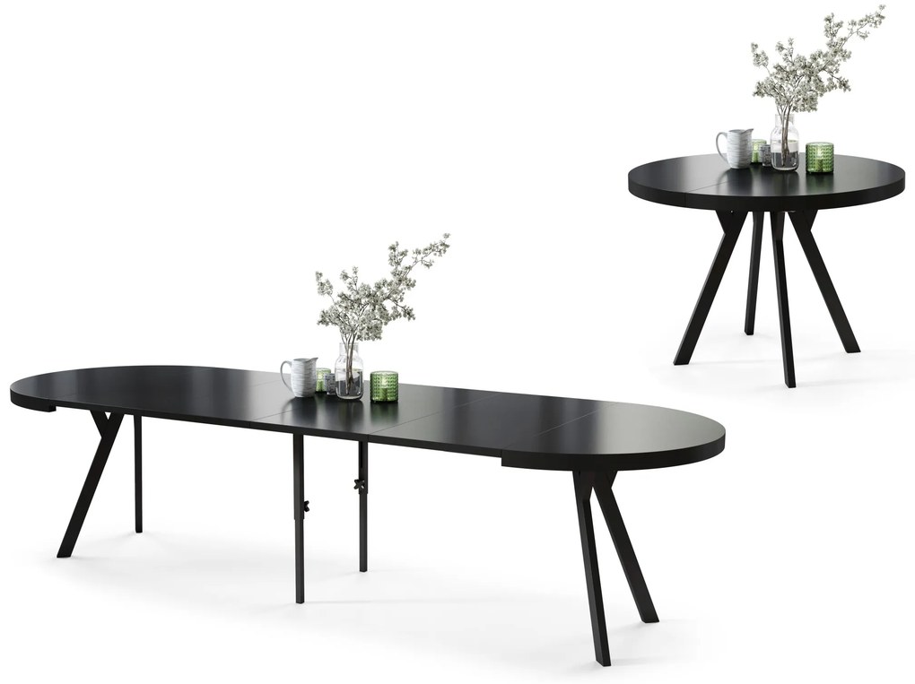 EXPANSO Czarny Mat/zwarte poten - GROTE RONDE TAFEL Ø110 UITBREIDBAAR TOT 310 cm met Y-POTEN LOFT/INDUSTRIAL