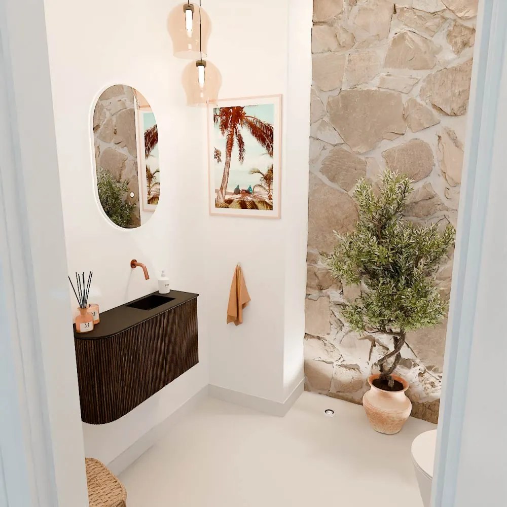 Mondiaz Joya 70cm toiletmeubel ronding links walnut met wastafel faye rechts zonder kraangat urban