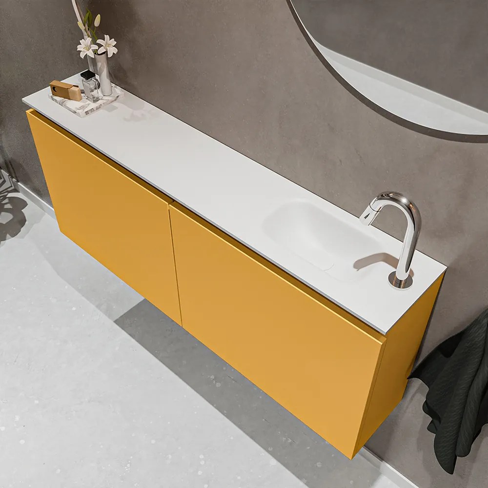 Mondiaz Ture 120cm toiletmeubel ocher met wastafel talc rechts 1 kraangat