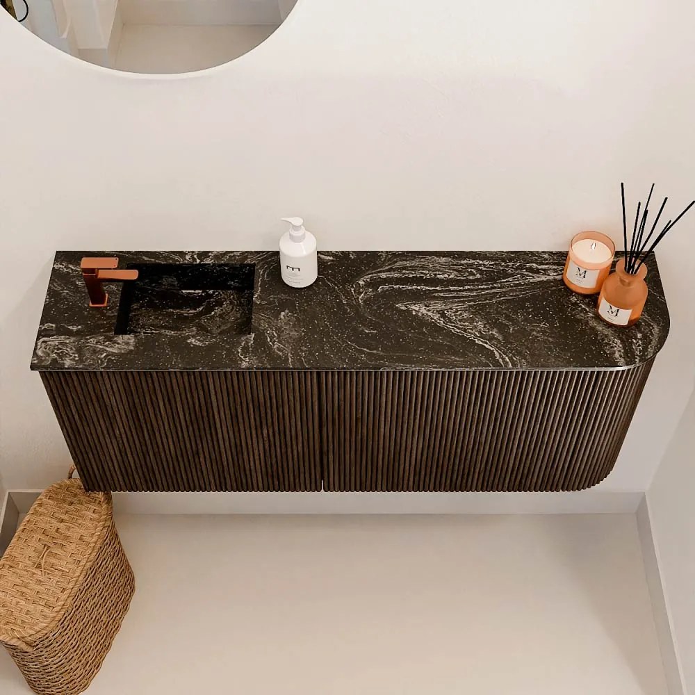 Mondiaz Joya DLux 100cm toiletmeubel ronding rechts walnut met wastafel faye links 1 kraangat lava