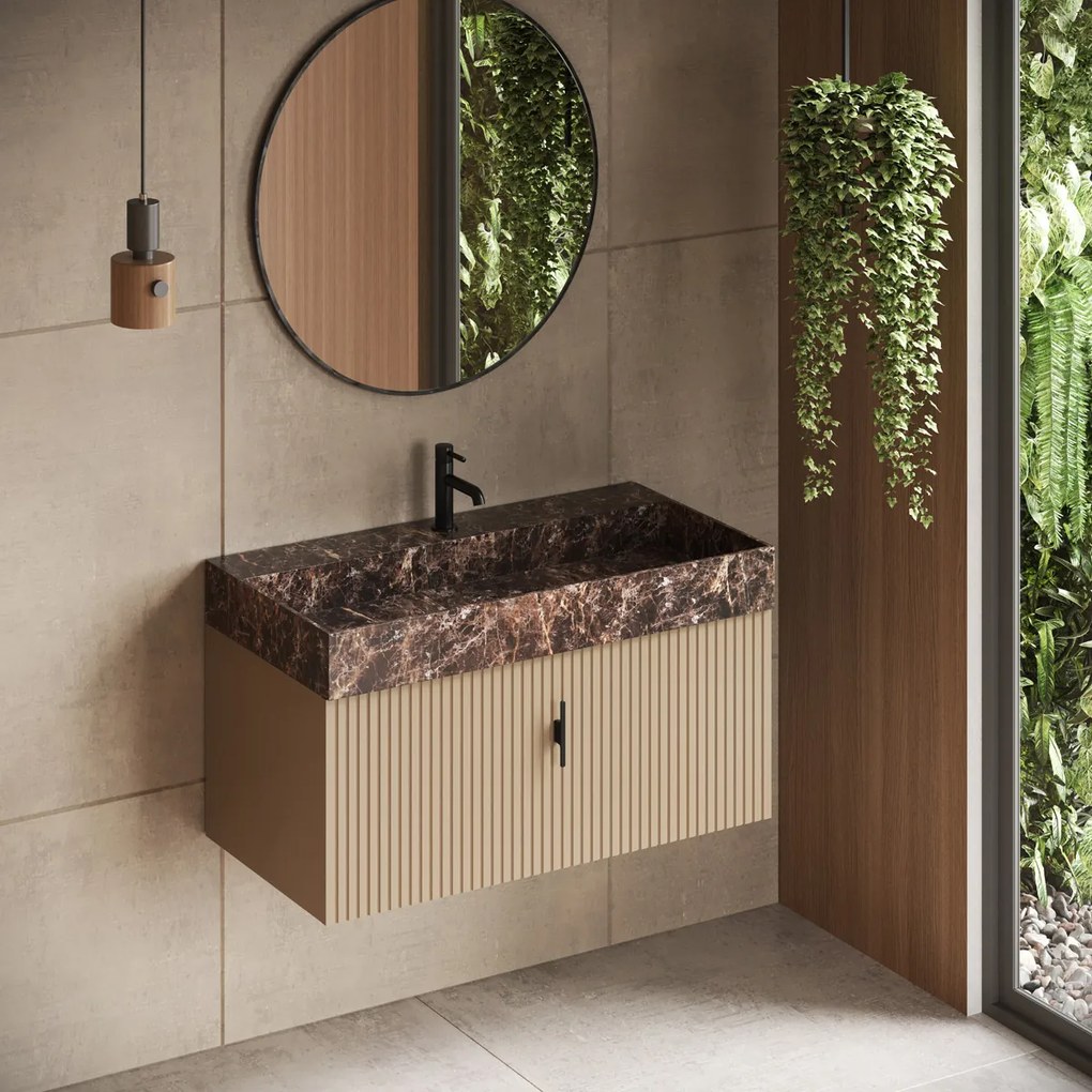 Muebles Zahora badmeubel ribbelfront 100cm macchiato met Dark Emperador wastafel met kraangat