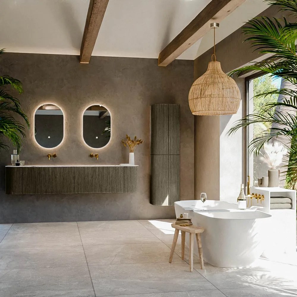 Mondiaz Kurve-dlux 200cm badmeubel ronding links/rechts shadow met 2 lades en deuren en wastafel stor small dubbel zonder kraangat glace