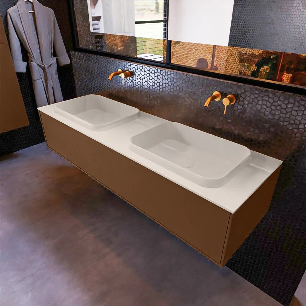 Mondiaz Erin 150cm badmeubel Rust met 1 lade en beige wastafel dubbel zonder kraangaten