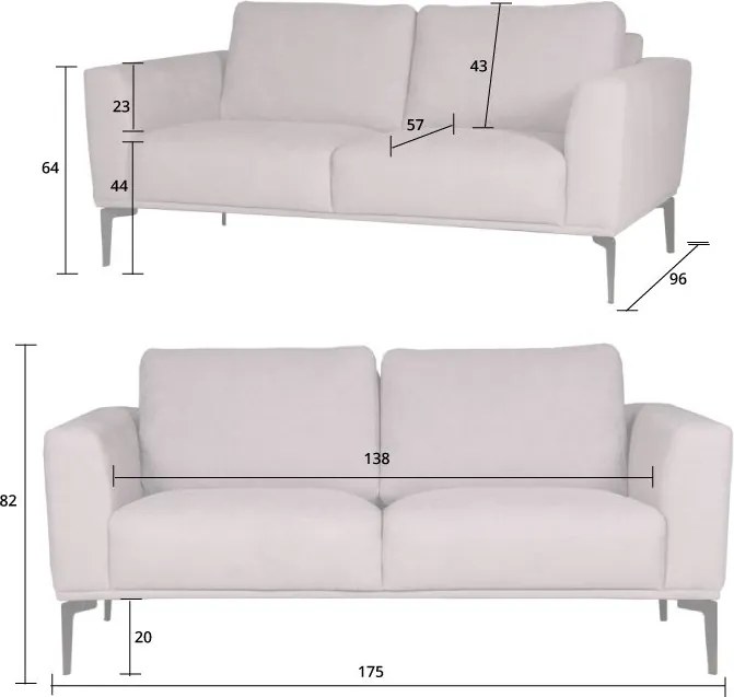 2 zitsbank - Tulp - stof Sorro lichtgrijs 90