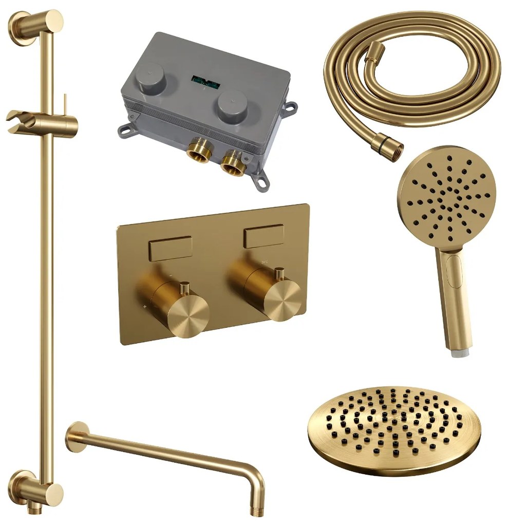 Brauer Gold Edition thermostatische inbouw regendouche met 3 standen handdouche, gebogen muurarm, glijstang en hoofddouche 20cm set 69 messing geborsteld PVD