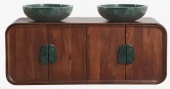 Dubbel Zwevend Badkamermeubelset 130x45 Cm Van Mangohout En Natuurlijke Kivalina-steen Groen Marmer Uit Udaipur - Donker Mangohout & 2 X Onde Groene -