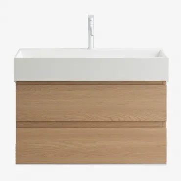 Badkamermeubelset Van Hout En Essenhoutfineer Met Geïntegreerde Wastafel Ona Natuurlijk Hout & Spiegelloze & Wit ↑20 Cm - Sklum