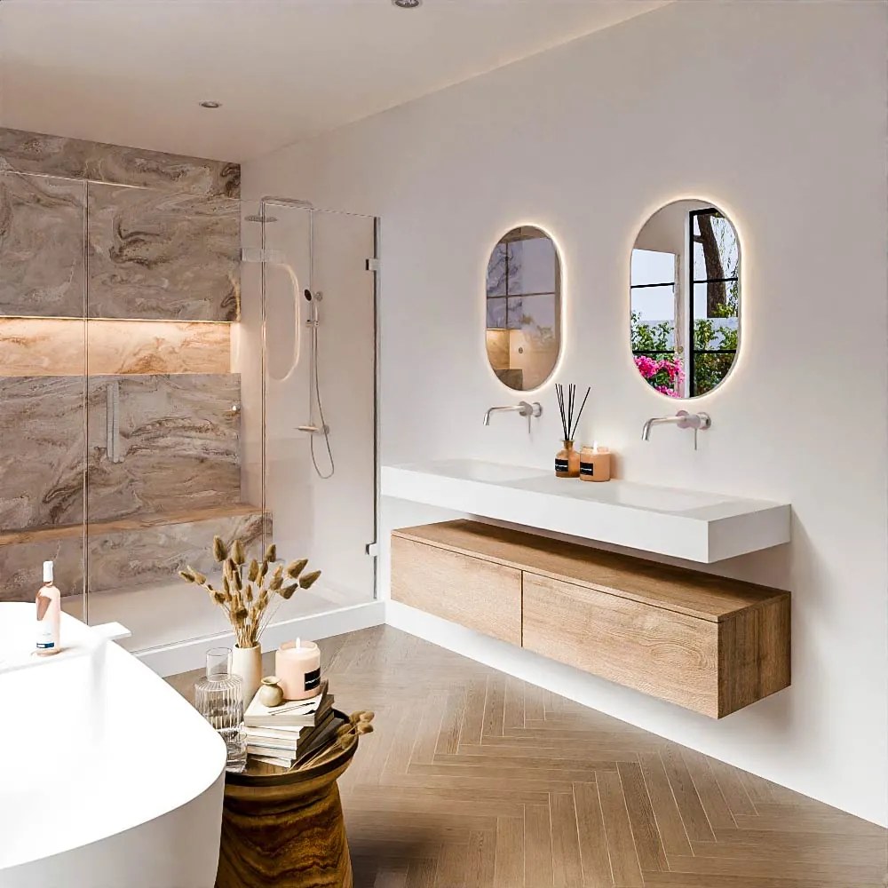 Zaro Alan badmeubel 160cm washed oak 2 lades met vrijhangende wastafel cloud dubbel zonder kraangat talc