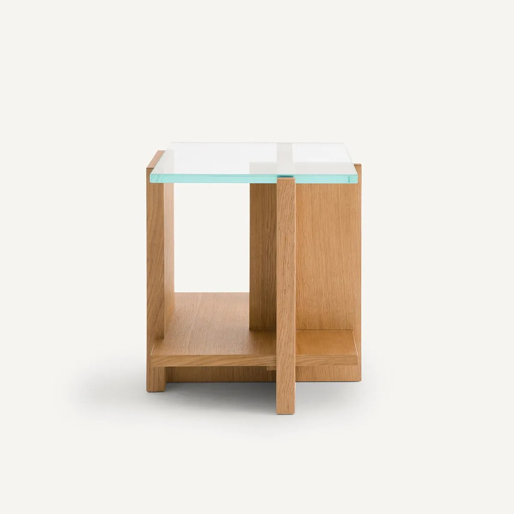 Bijzettafel van gefineerd eiken en gehard glas, Laby