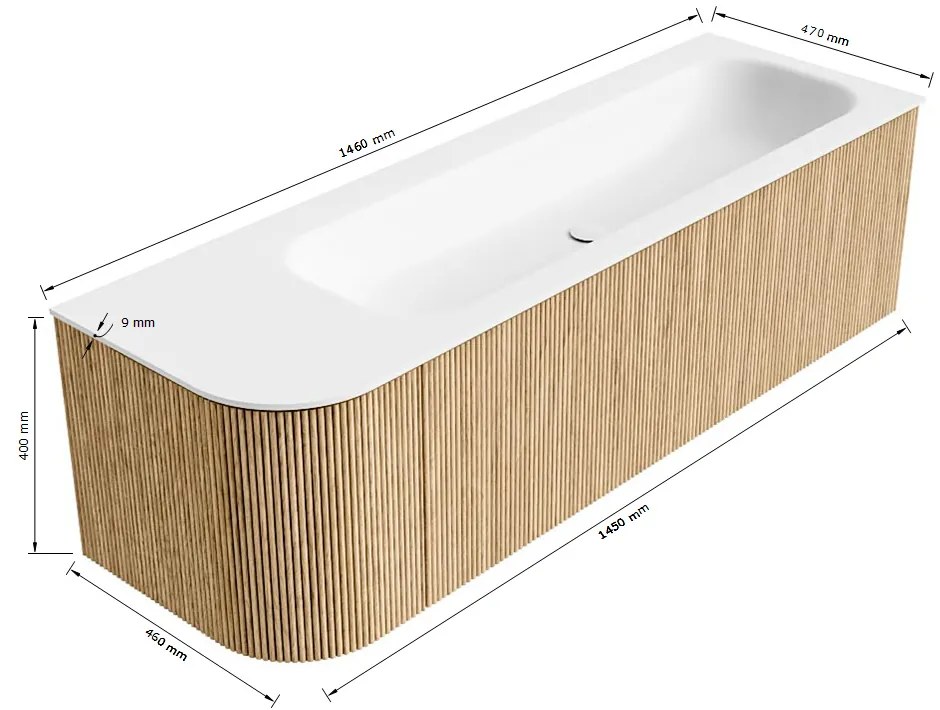 Mondiaz Kurve 145cm badmeubel ronding links shadow met 1 lade en deur en wastafel big large rechts 2 kraangaten