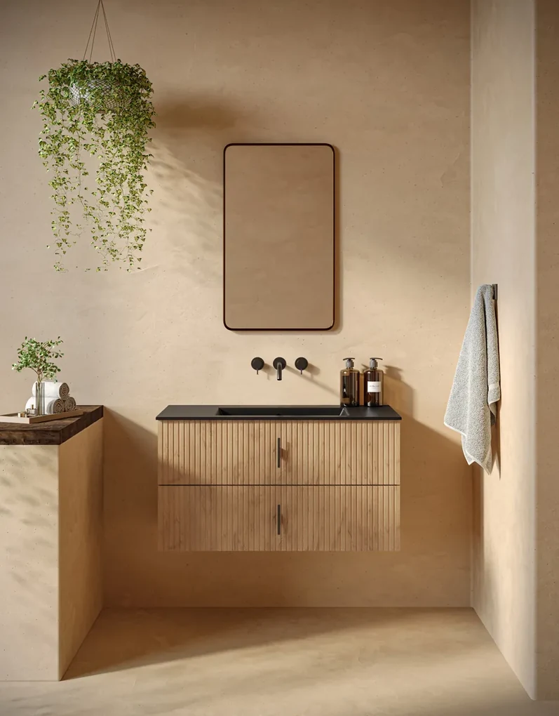 Muebles Marbella badmeubel ribbelfront 100cm warm eiken met zwarte wastafel zonder kraangat