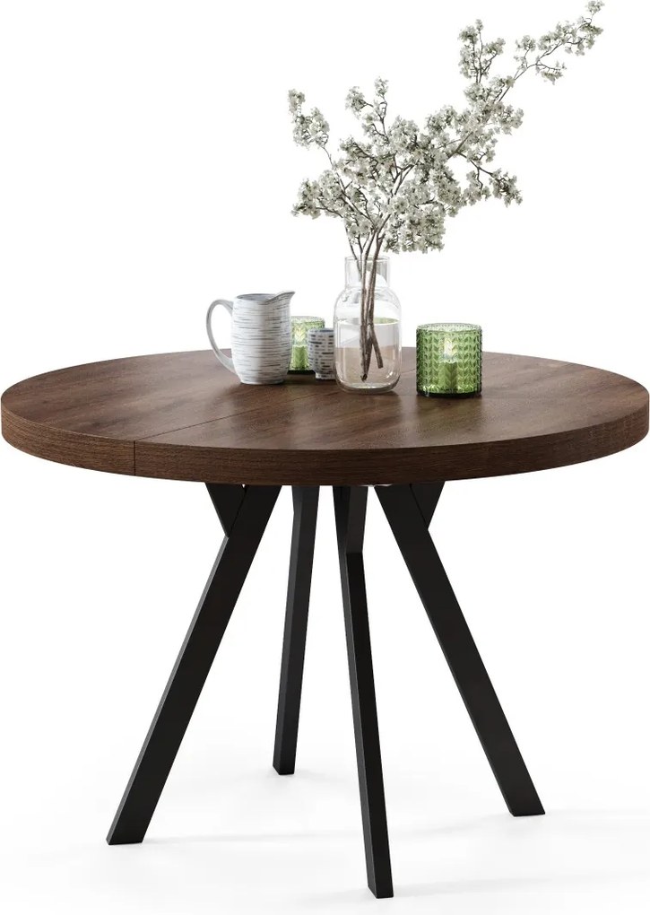 EXPANSO Bruine eik/zwarte poten - GROTE RONDE TAFEL Ø110 UITBREIDBAAR TOT 310 cm met Y-POTEN LOFT/INDUSTRIAL