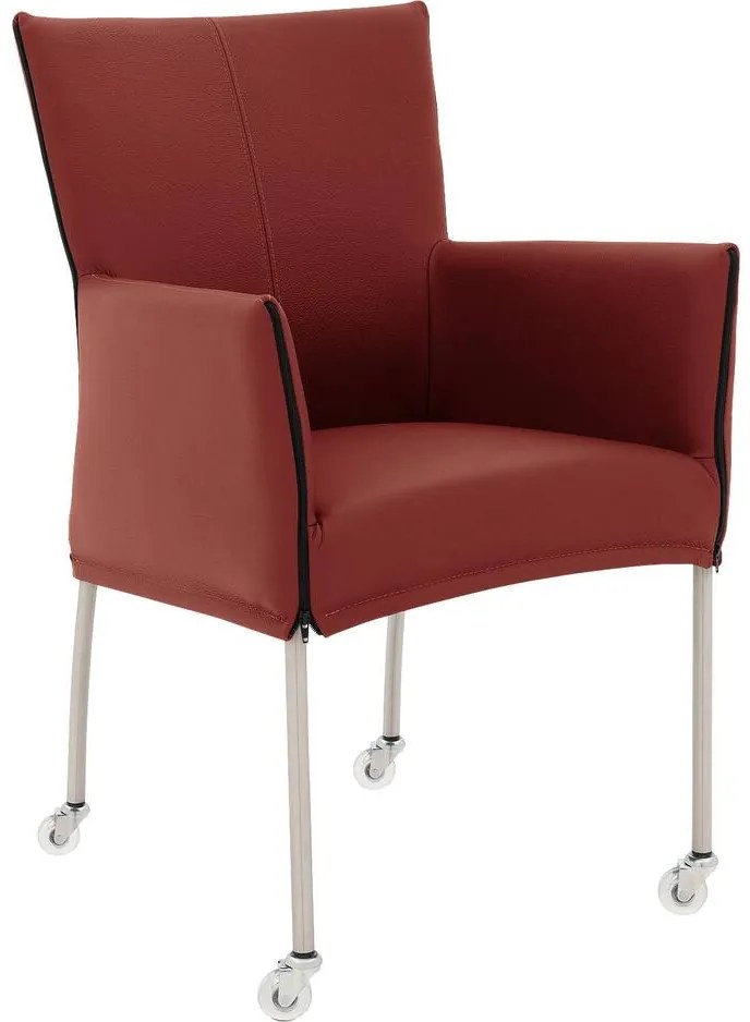 Goossens Eetkamerstoel Funk RVS Poten rood leer met armleuning en Transparant skater wiel met rvs kapmet wielen, modern design