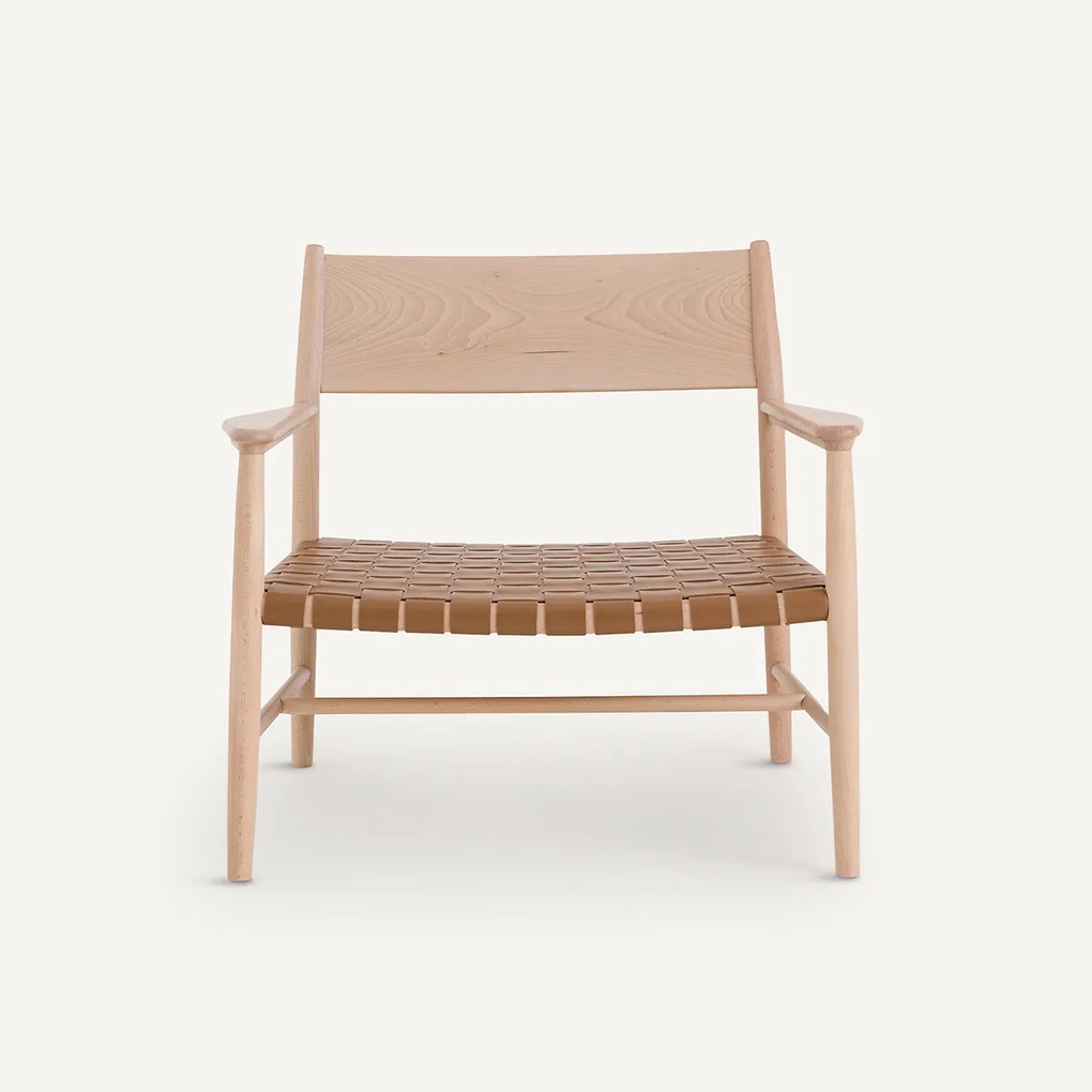 Fauteuil in massief beukenhout en leren riemen, Milda