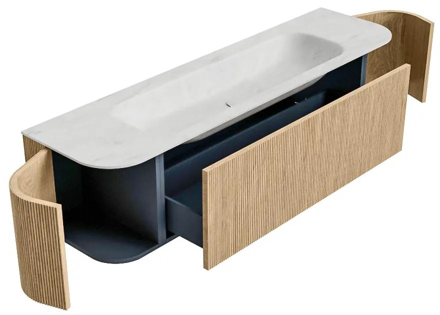 Mondiaz Kurve-dlux 170cm badmeubel ronding links/rechts oak met 1 lade en 2 deuren en wastafel big large midden 1 kraangat opalo