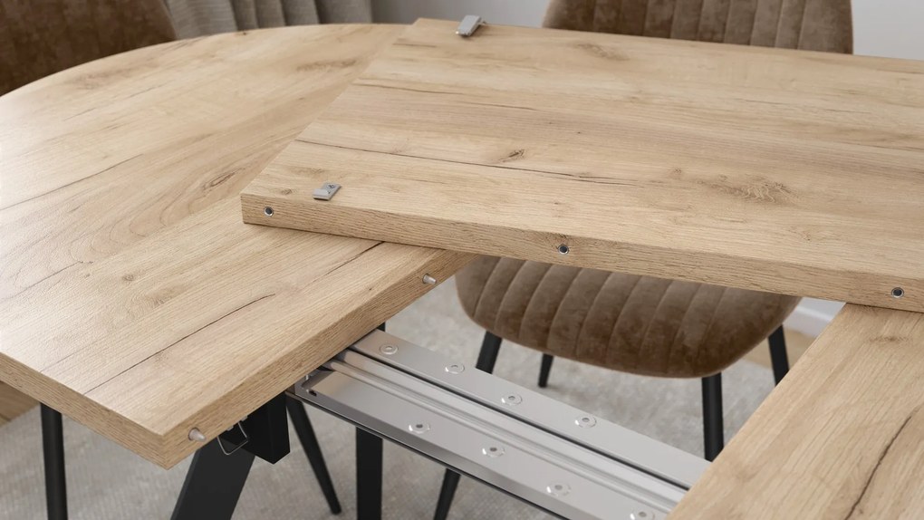 Mazzoni ALMO Craft Eiken Goud / zwarte poten - OVALE UITSCHUIFTAFEL 120-220 cm VOOR 10-12 PERSONEN
