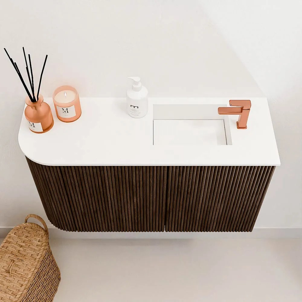 Mondiaz Joya 70cm toiletmeubel ronding links walnut met wastafel faye rechts 1 kraangat talc