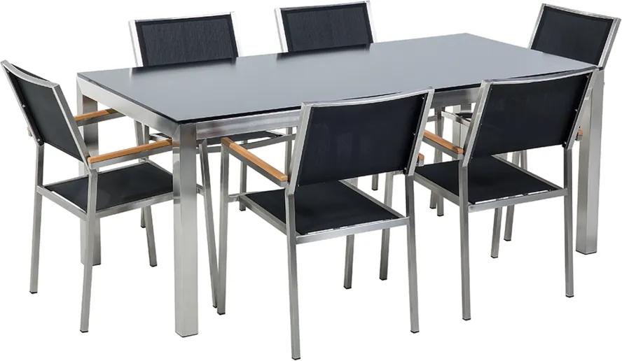 Tuinset glas/RVS zwart enkel tafelblad 180 x 90 cm met 6 stoelen zwart GROSSETO