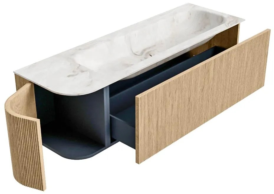 Mondiaz Kurve-dlux 145cm badmeubel ronding links oak met 1 lade en deur en wastafel big large kraangat rechts frappe