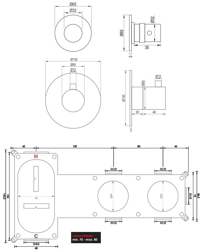 Brauer Gunmetal Edition inbouw badkraan met uitloop en 3 standen handdouche gunmetal geborsteld PVD