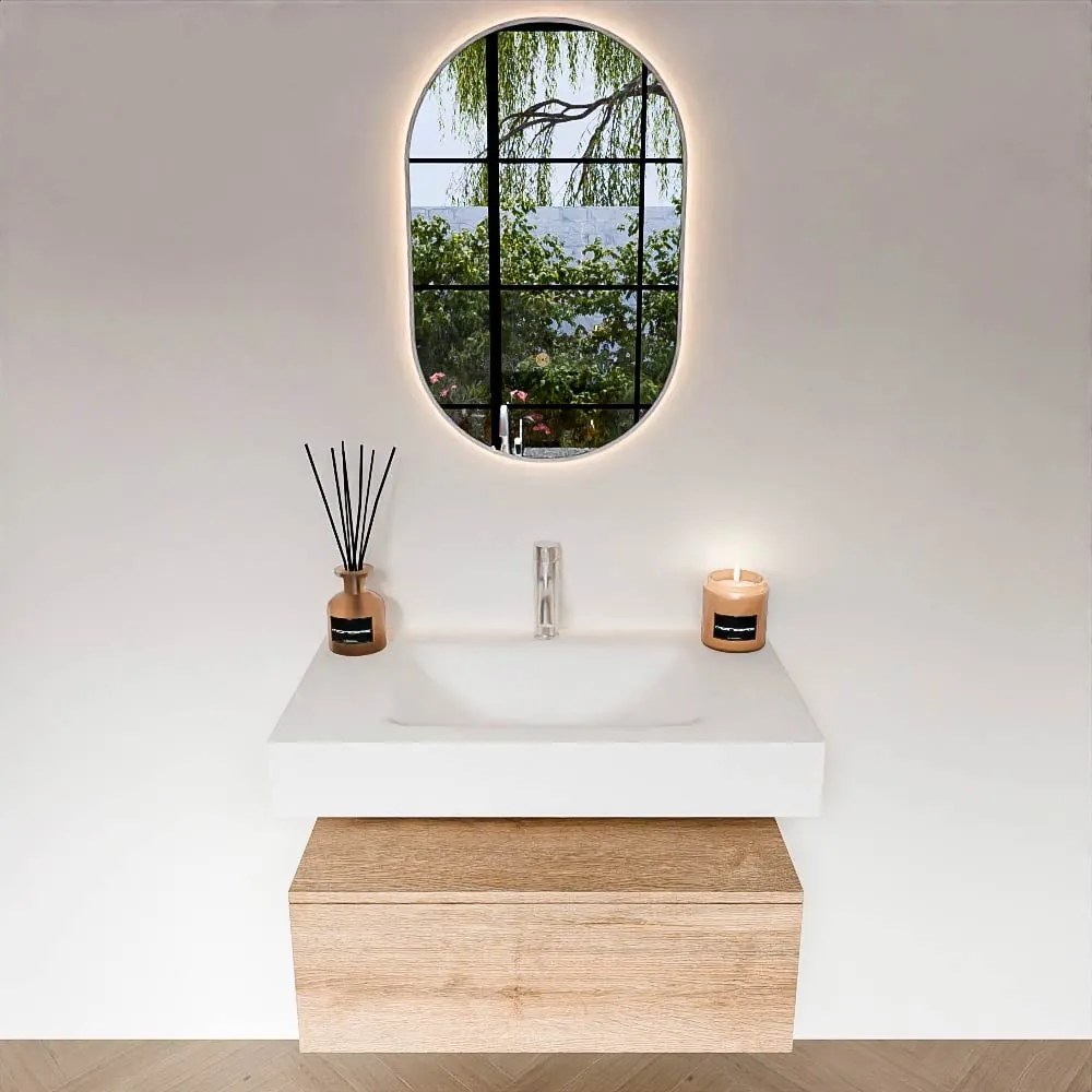 Zaro Alan badmeubel 80cm washed oak 1 lade met vrijhangende wastafel cloud midden 1 kraangat talc