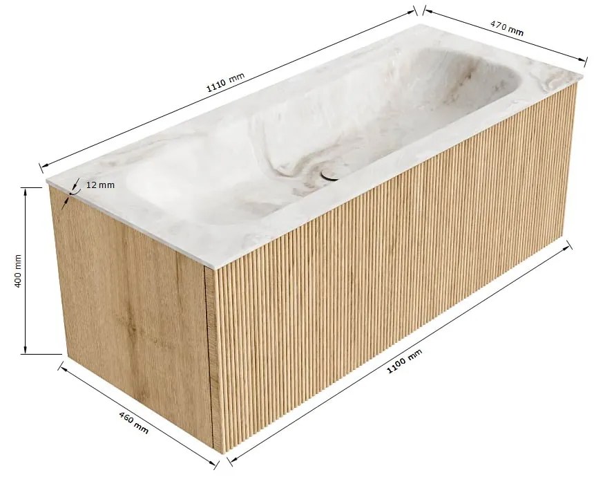 Mondiaz Kurve-dlux 110cm badmeubel oak met 1 lade en wastafel big medium midden 1 kraangat glace