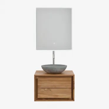 Jabari Teakhouten Badkamermeubelset Teakhout & Rond Grijs Cement Ø40 Cm Tarsis & Rechthoekige Led En Anticondens 60x70 Cm Tamsin - Sklum