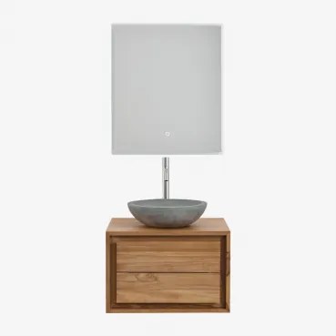 Jabari Zwevend Badkamermeubelset Van Teakhout Teakhout & Rond Grijs Cement Ø40 Cm Tarsis & Rechthoekige Led En Anticondens 60x70 Cm Riben - Sklum