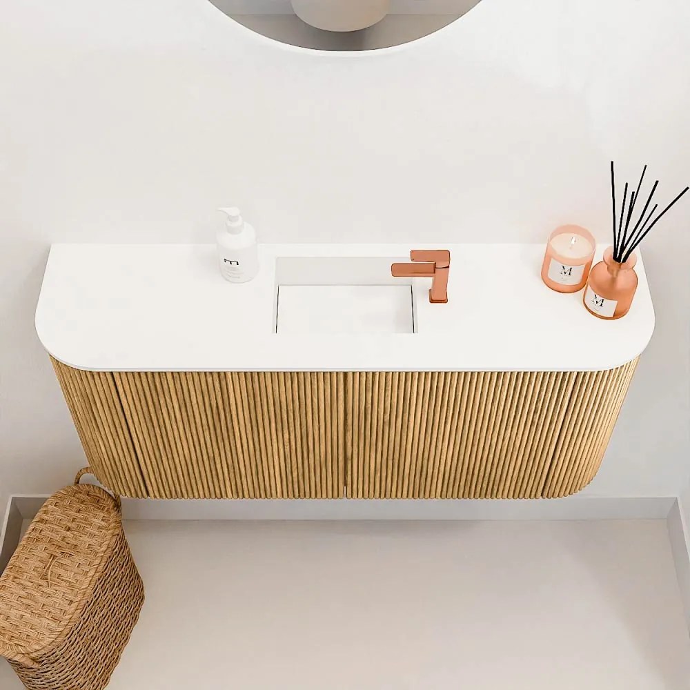Mondiaz Joya 95cm toiletmeubel ronding links/rechts oak met wastafel faye midden 1 kraangat talc