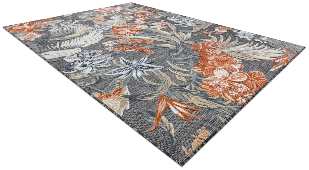 Tapijt Structural BOTANIC 65262 bloemen, plat geweven op het balkon, terras - zwart