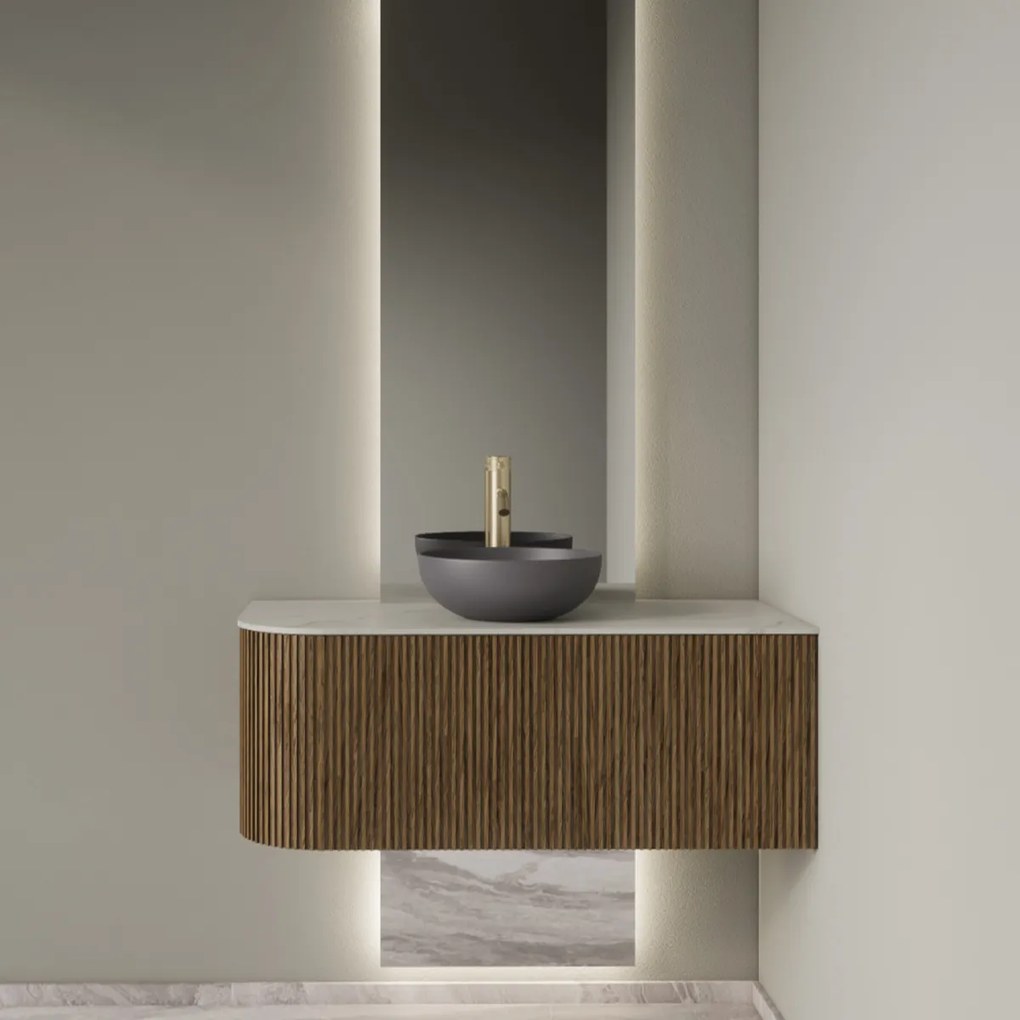 Gliss Design Alluro badmeubel ribbelfront met ronding links 100cm castle brown en wit marmer toppaneel