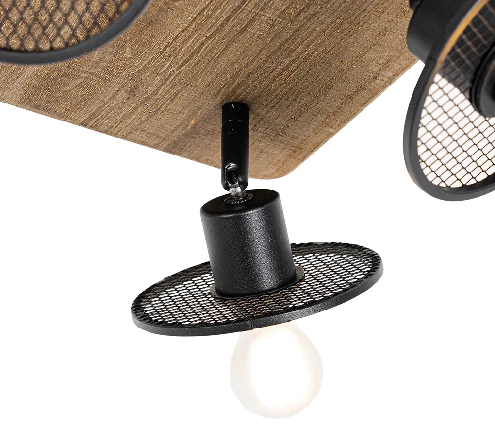 Industriële plafondSpot / Opbouwspot / Plafondspot zwart met hout 4-lichts - Jasmijn Industriele / Industrie / Industrial E14 vierkant Binnenverlichting Lamp