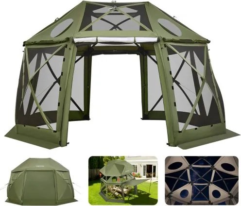VEVOR Pop-up Paviljoen, 3,96 x 3,96 m, 13-zijdig, bolvormige kampeertent met afneembaar dak en draagtas, 360° ventilatie, zonwering, partytent voor 10-12 personen, groen