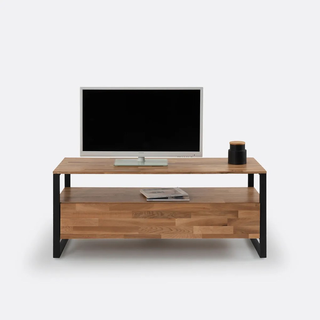 Tv-meubel, massief eiken, eikenfineer en staalmetaal, Hiba