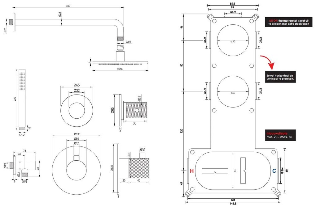 Brauer Brushed Carving complete inbouw regendouche set 03 met 20cm douchekop, gebogen muurarm en staafhanddouche RVS geborsteld PVD