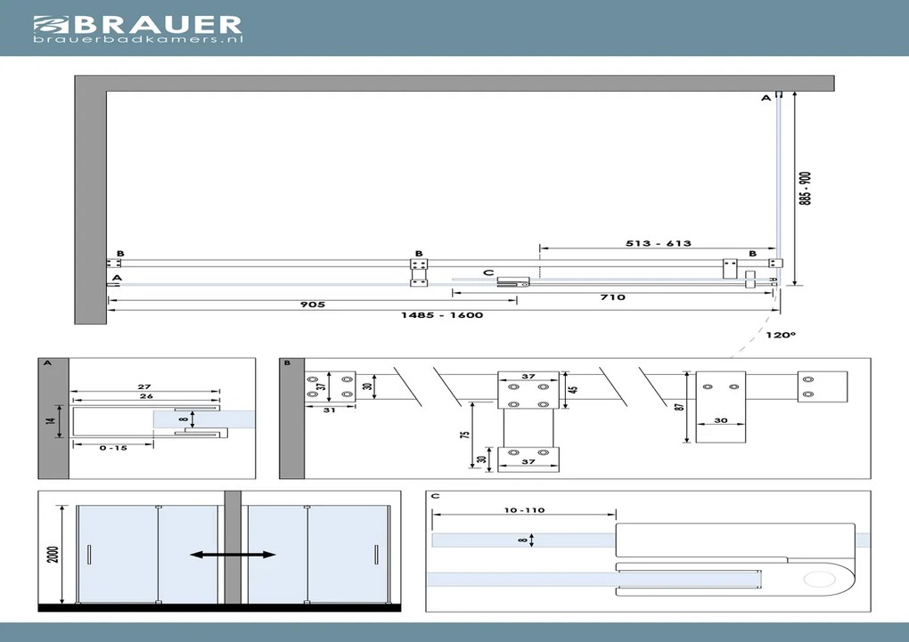 Brauer Stellar douchecabine met draaideur 160x90cm RVS geborsteld PVD