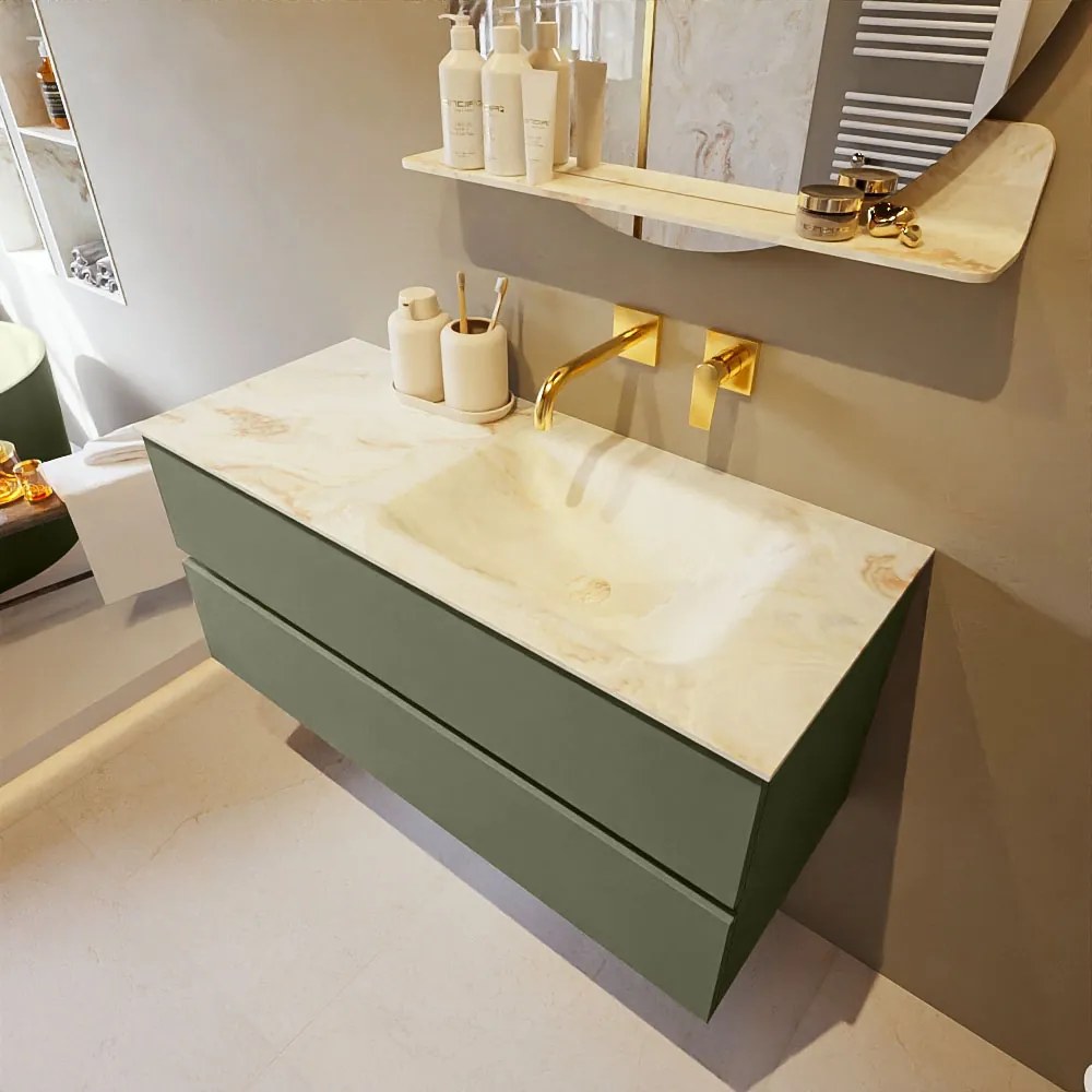 Mondiaz Vica DLux badmeubel 110cm army 2 lades met wastafel frappe rechts zonder kraangat