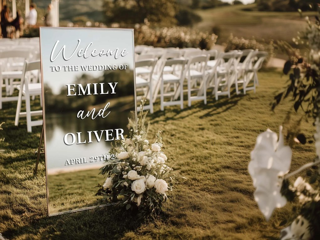 Gepersonaliseerde spiegelsticker S50 – Welcome to the wedding of...