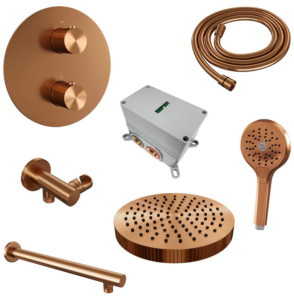 Brauer Stripe inbouw regendouche rond met 25cm hoofddouche, rechte muurarm en 3 standen handdouche set 40 koper geborsteld PVD