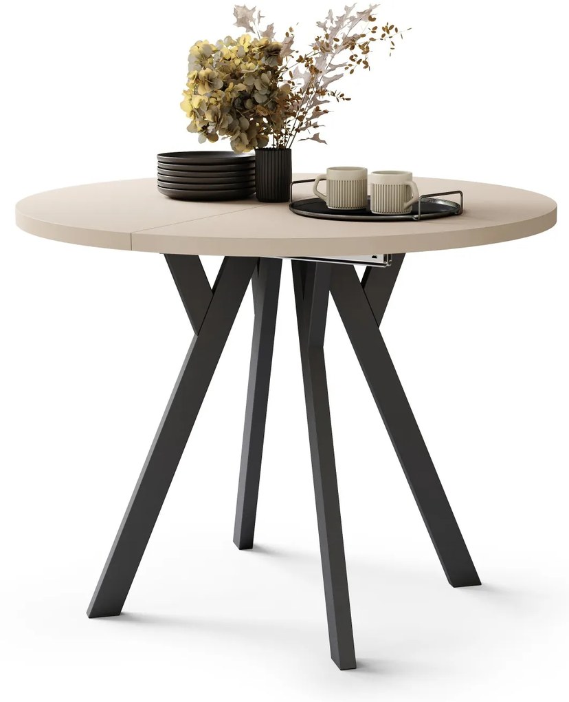 ALDO 100 Beige/Zwarte poten - RONDE LOFT/INDUSTRIËLE TAFEL VOOR WOONKAMER/EETKAMER, UITSCHUIFBAAR