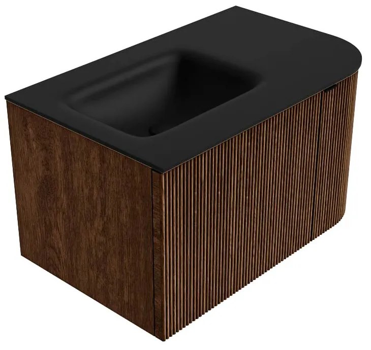 Mondiaz Kurve 75cm badmeubel ronding rechts walnut met 1 lade en deur en wastafel grunne kraangat links urban