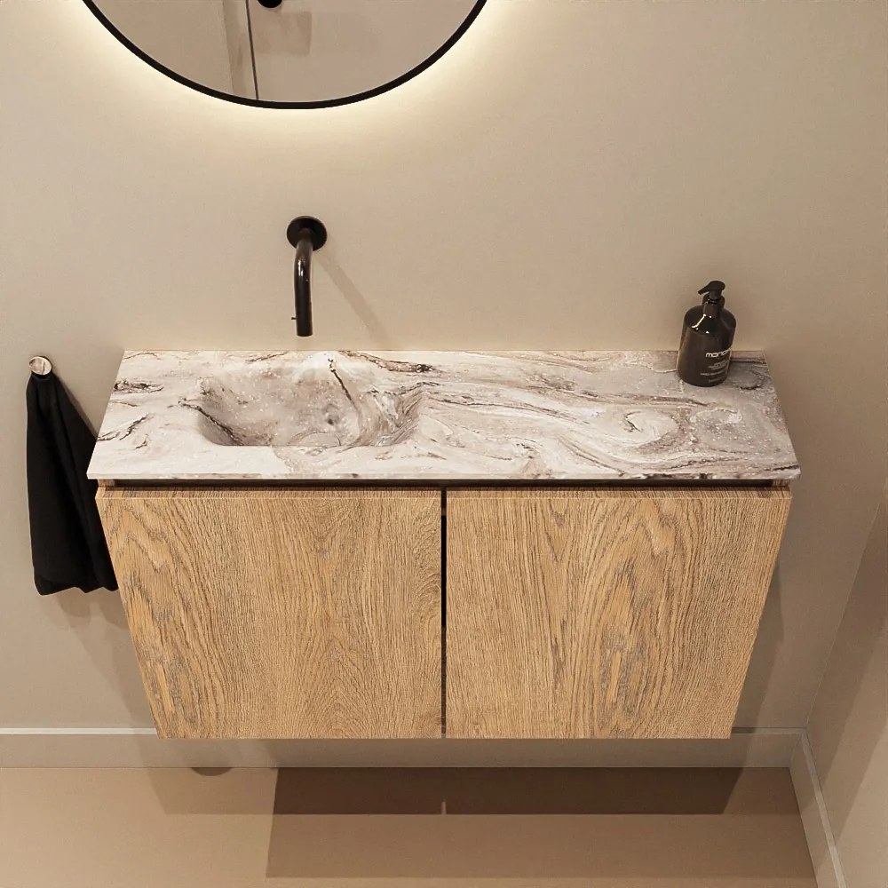 Mondiaz Ture DLux toiletmeubel 80cm washed oak met wastafel glace links zonder kraangat