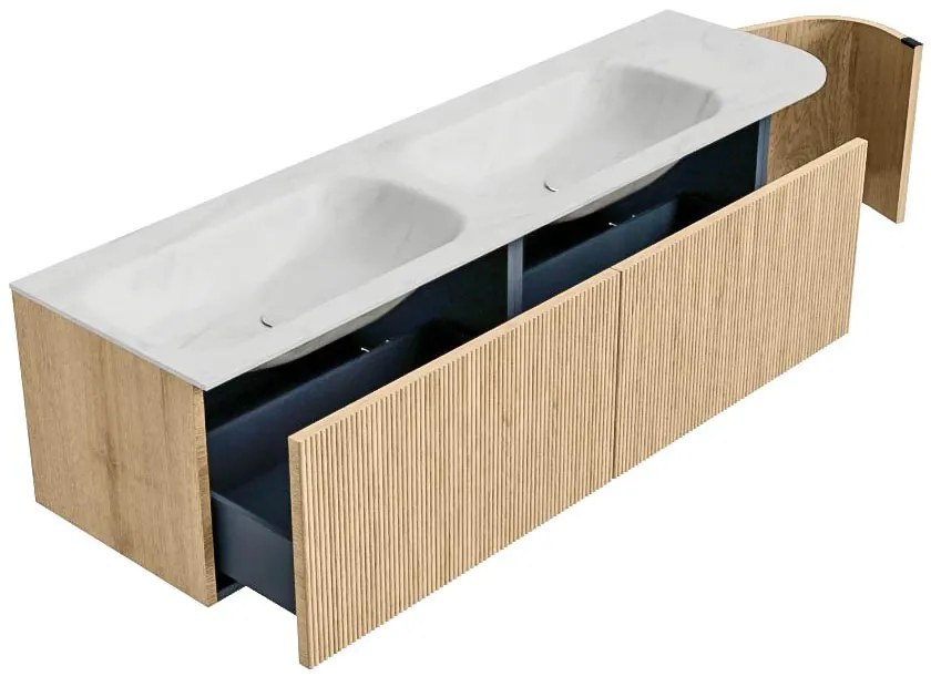 Mondiaz Kurve-dlux 165cm badmeubel ronding rechts oak met 2 lades en 1 deur en wastafel stor small dubbel/links 2 kraangaten opalo