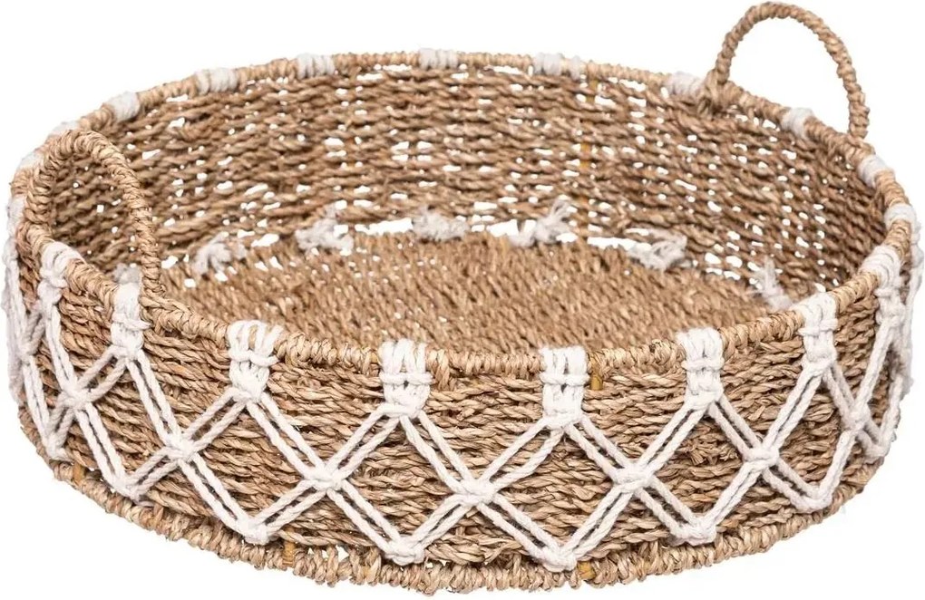 Atmosphera Dienblad/Serveer Plateau– Rond diameter 38 cm – Hoogte 15 cm – Gevlochten/Macrame – Naturel Look – Metalen Frame