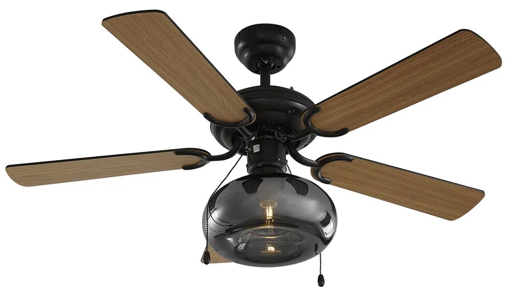 Plafondventilator met lamp zwart 107.5cm met trekschakelaar - Mistral Busa Art Deco, Industriele / Industrie / Industrial E27 rond Binnenverlichting Lamp
