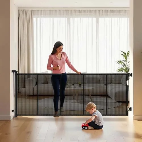 VEVOR Intrekbaar babyhekje, hondenhekje, uitschuifbaar tot 310 cm (B) / 795 mm (H), traphekje met veiligheidsslot, gaasveiligheidshekje voor trappen en gangen, binnen/buiten, zwart