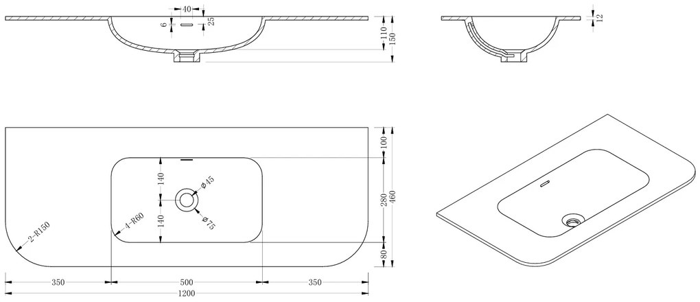 Lambini Designs Eleganza rond badmeubel 120cm acacia met ribbelfront en wastafel zonder kraangat